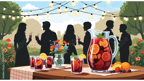 Vibrant Summer Garden Party with Sangria, Festive Lights, and Silhouetted Friends Socializing Outdoors