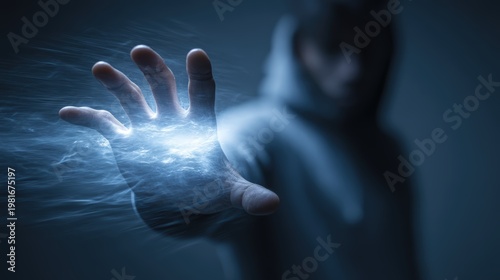 A person extends their hand with glowing, electric-like energy emanating, set against a dark, blurred background for a mysterious and powerful effect, Post Interface World AI technology