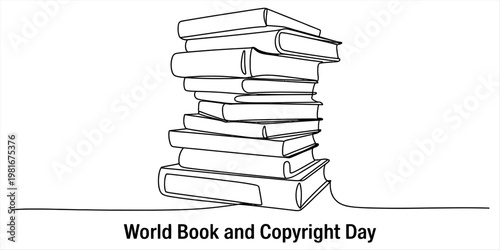 A minimalist single line drawing of a stack of books celebrating world book and copyright day. Vector, illustration