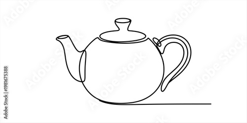 Minimalist continuous line drawing of a classic ceramic teapot on a plain white background area Vector, illustration