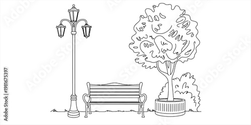 A black and white line art illustration showing a park bench beside a street lamp and a tree Vector, illustration