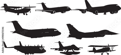 A collection of various airplane silhouettes against a white background