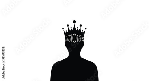 Silhouette wearing a digital crown filled with binary code sequences illustrates the intersection of traditional human identity with advanced computational power and the future of smart leadership.