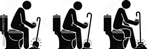 Three black stick figures cleaning toilets with toilet brushes toilet cleaning sanitation