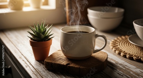 Steaming ceramic mug of hot coffee resting on a rustic wooden surface next to a small potted succulent