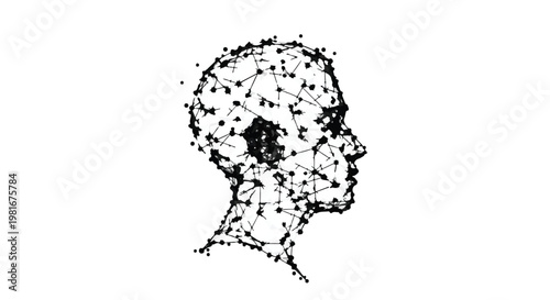 Head silhouette constructed from complex wireframe nodes represents the intricate nature of human thought processes, cognitive intelligence, and the evolving digital landscape of modern technology.