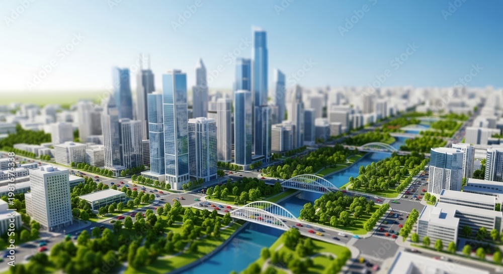 Obraz premium A high-angle tilt-shift view of a vibrant miniature city featuring tiny colorful cars, glass skyscrapers, green parks, and toy-like bridges, aerial view, bright, sunny