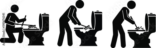 Three figures cleaning a toilet with brushes and soap suds toilet cleaning sanitation hygiene bathroom