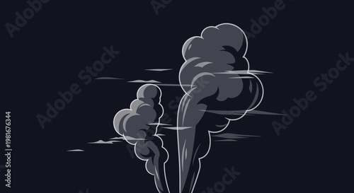 Stylized smoke plumes rising against dark background, cartoon style, dramatic effect