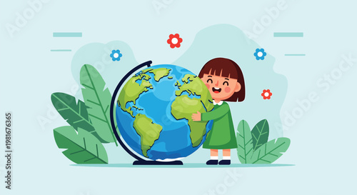 A happy cartoon girl in a green dress hugging a large globe, surrounded by lush green leaves, symbolizing environmental protection and love for Earth.