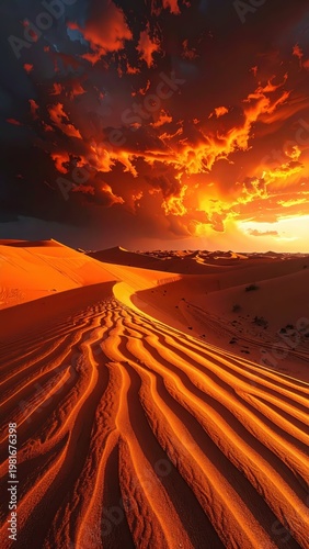 Stunning Sunset Over Desert Sand Dunes with Dramatic Clouds