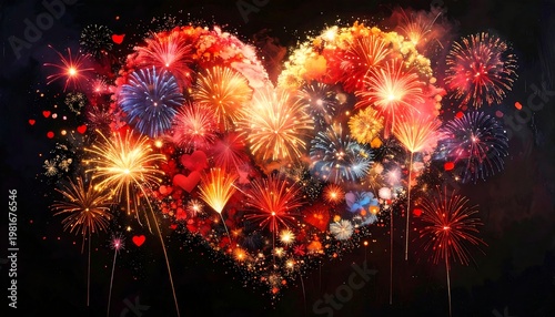 Vibrant heart-shaped fireworks explosion at night