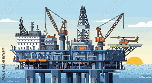Offshore oil rig platform with helicopter and cranes in the sea at sunset, industrial illustration.