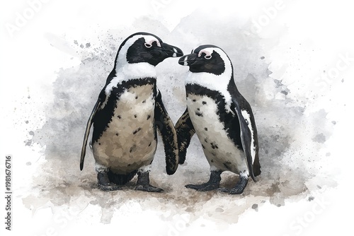 Two penguins standing together in a watercolor painting