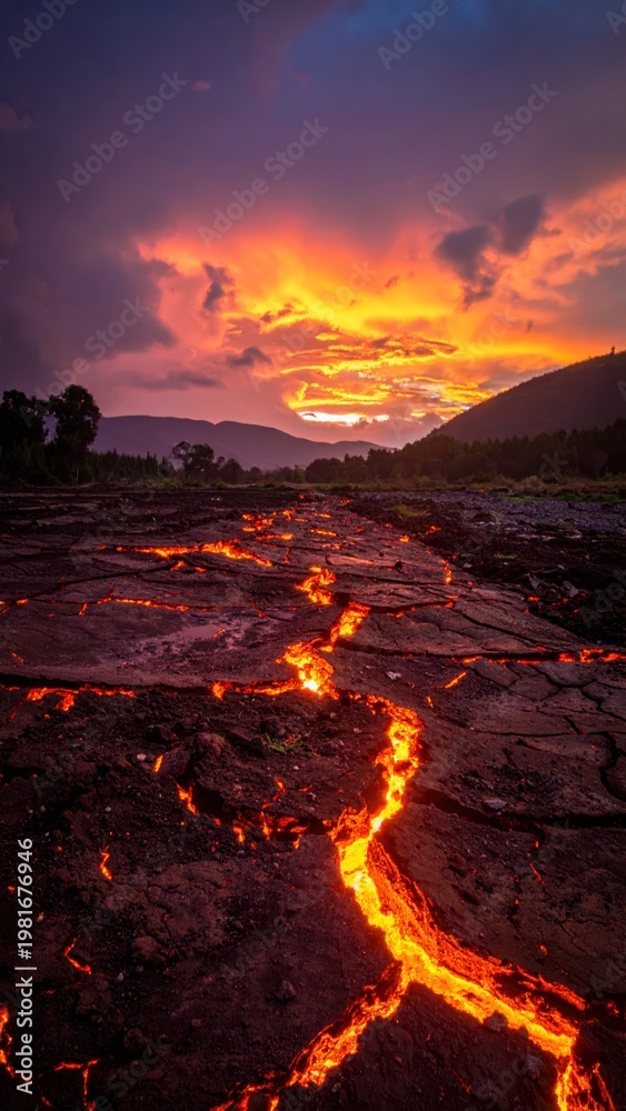 Fototapeta premium Majestic Lava Flow Under Dramatic Sunrise Sky in Volcanic Landscape