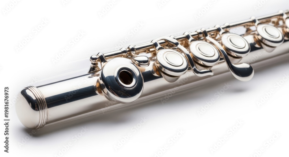 Obraz premium A silver flute captures light with ultra-sharp detail on the mouthpiece while the body dissolves into a soft, dynamic motion blur effect, shadows, rhythm, texture