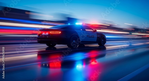 A patrol vehicle speeds through a city street at twilight with flashing blue and red lights reflecting on the wet pavement during a call, siren, emergency, arrival