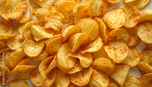 A pile of crispy potato chips on a white surface