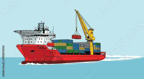 Red cargo ship with crane unloading containers at sea, illustration