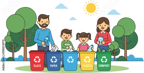 A happy family with two children sorting different types of waste into color-coded recycling bins outdoors, promoting environmental responsibility.