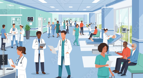 Diverse Medical Staff and Patients in Busy Hospital Corridor