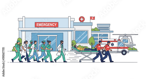 Emergency Room Scene: Medical Team Rushing Patient to Hospital with Ambulance and Helicopter