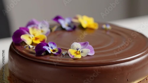 Wallpaper Mural Professional Pastry Chef Using Tweezers to Carefully Decorate a Rich Gourmet Chocolate Cake with Edible Violet Flowers Torontodigital.ca