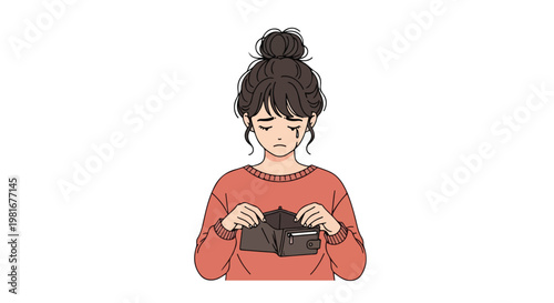 Sad Crying Woman Holding an Empty Wallet. Poor Girl Feeling Desperate Due to Financial Problems and Poverty. Vector Illustration of Money Loss and Economic Crisis.