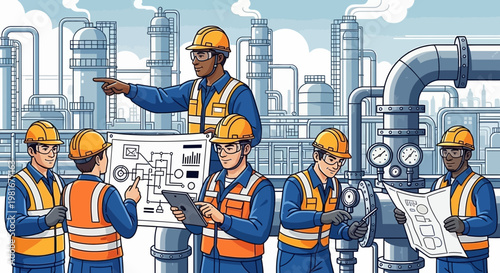 Industrial Team Inspecting Refinery Plant Operations with Blueprints and Tablet