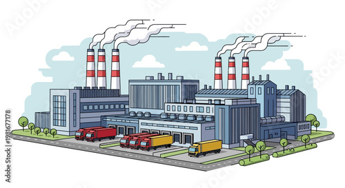 Modern industrial factory complex with trucks at loading docks and smoke plumes from chimneys