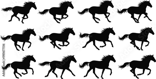 Twelve black horse silhouettes in various running poses on a white background motion action