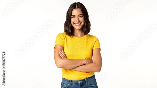 Wallpaper Mural Portrait of a Confident and Happy Young Woman in Casual Yellow Shirt Smiling with Arms Crossed Torontodigital.ca