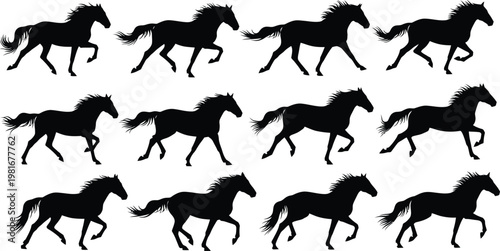 Twelve black horse silhouettes in various running poses on a white background motion animal