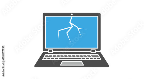 Broken Laptop Screen Vector Illustration, Flat Style Graphic Icon Representing Damaged Computer Hardware and Technical Repair Service Concept