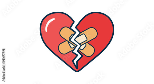 Broken Heart with Adhesive Bandages Vector Illustration Flat Style Graphic for Relationship Healing and Emotional Recovery Concepts