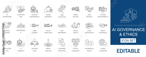 AI governance and ethics icons set. Includes responsible AI, data security, transparency and regulation elements. Perfect for corporate policy makers, and ethical guidelines apps.