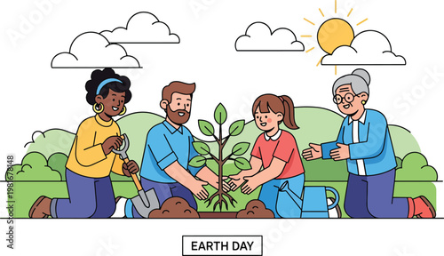 Diverse group of people, including adults, a child, and a senior, planting a sapling together outdoors, celebrating Earth Day.