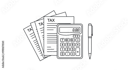 A simple line drawing of a calculator, tax forms, and a pen on a white background.