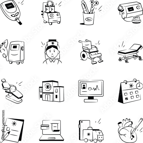 Collection of Doodle Style Health Icons 

