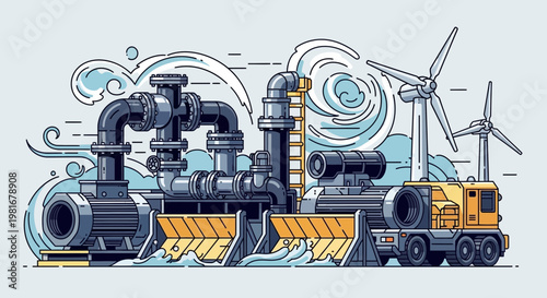 Renewable Energy Plant: Wind Turbines, Water Pumps, and Flood Barriers