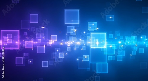 Abstract digital design with glowing blue and purple squares and twinkling stars