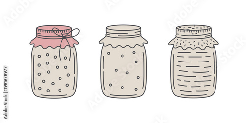 Three hand-drawn glass jars with different patterned contents and lids container food storage preservation