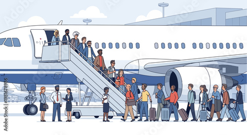 Diverse Passengers Boarding Airplane via Staircase at Airport Terminal