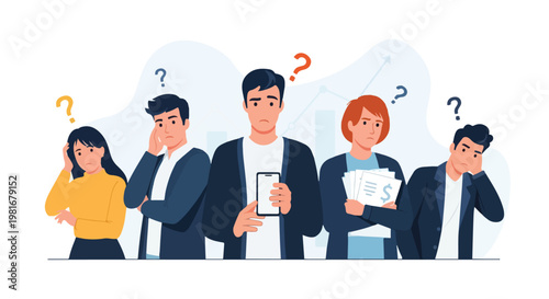 Confused People Having Financial Problems. Group of Sad Characters with Question Marks Thinking About Money and Debt. Vector Illustration of Economic Uncertainty.