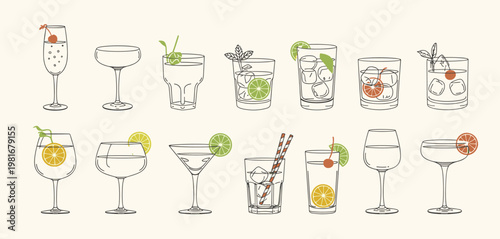Collection of hand-drawn cocktail with fruit garnishes and ice drink beverage glass