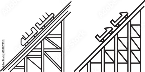 Line art illustrations of roller coasters on inclined tracks with roller coaster amusement park thrill ride theme park amusement entertainment attraction illustration structure transport