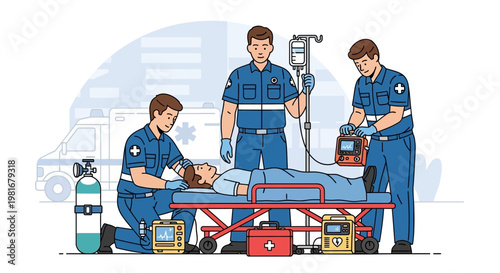 Paramedics provide emergency medical care and transport to patient with ambulance