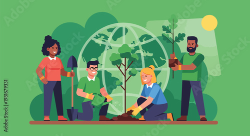 Diverse group of people planting trees together for environmental conservation and sustainability, with a globe in the background.