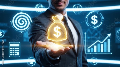 Wallpaper Mural Businessman Holding Glowing Money Bag Hologram with Financial Icons for Investment and Wealth Concept Torontodigital.ca