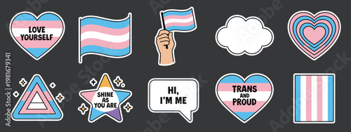 Collection of transgender pride stickers with hearts, flags, and affirming messages lgbtq lgbt